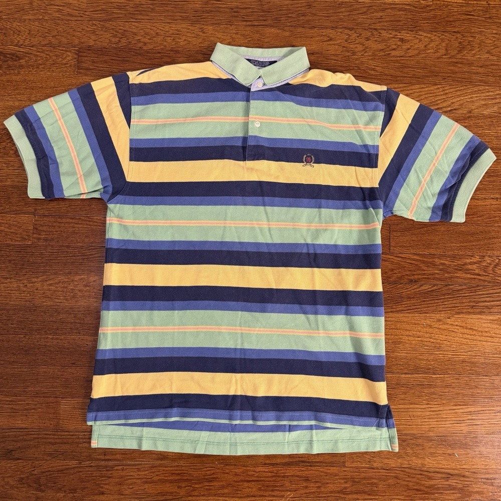 Vintage 1990s Tommy Hilfiger Men's Striped Multi Colored Polo Shirt Size Large